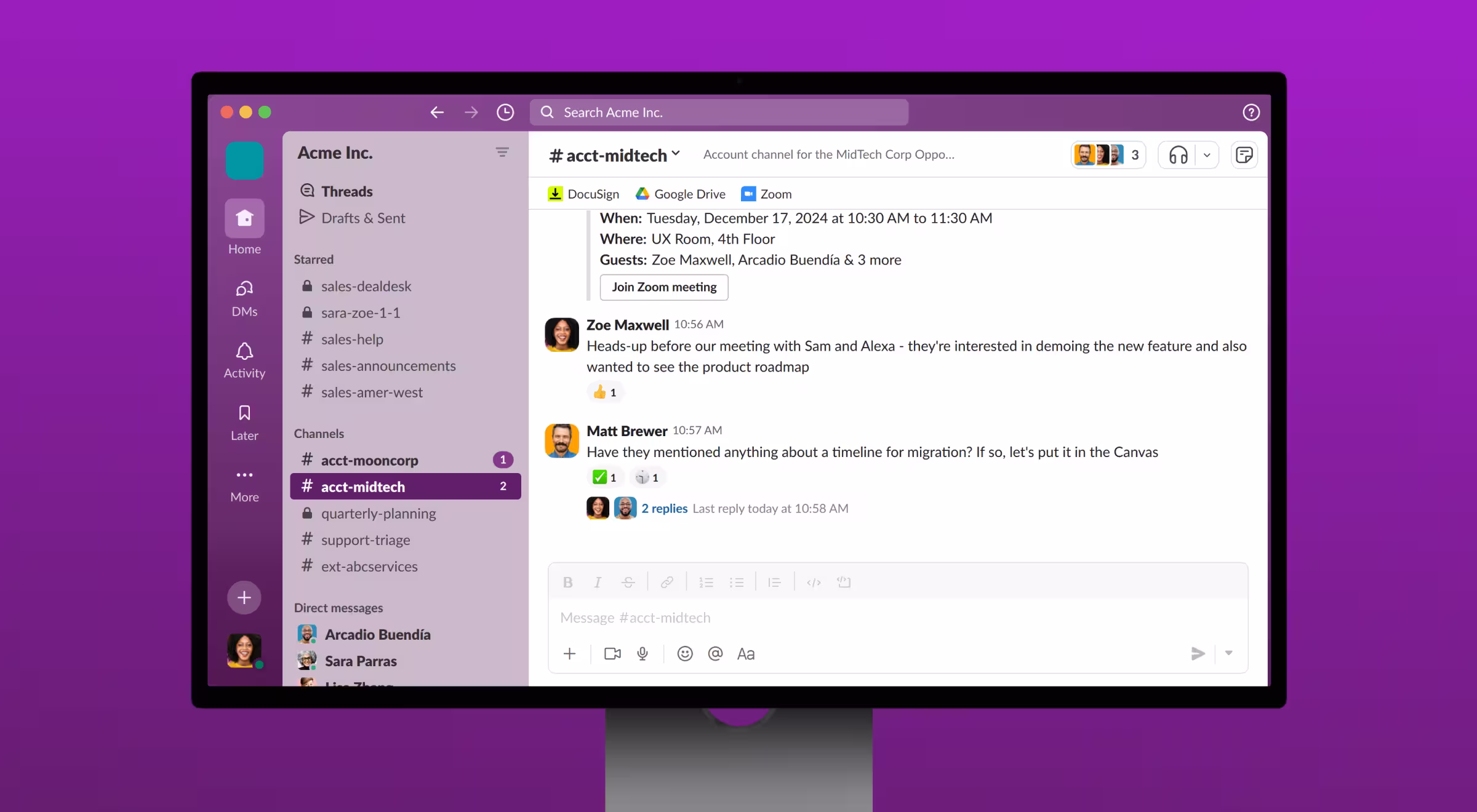 Screenshot of a Slack workspace for "Acme Inc." displayed on a desktop screen with a purple background. The selected channel, #acct-midtech, shows a conversation between team members Zoe Maxwell and Matt Brewer discussing an upcoming meeting and a product roadmap. The interface includes sidebar navigation with channels and direct messages, app integrations like DocuSign, Google Drive, and Zoom, and a visible calendar invite. The layout emphasizes team collaboration and communication in a professional work environment.