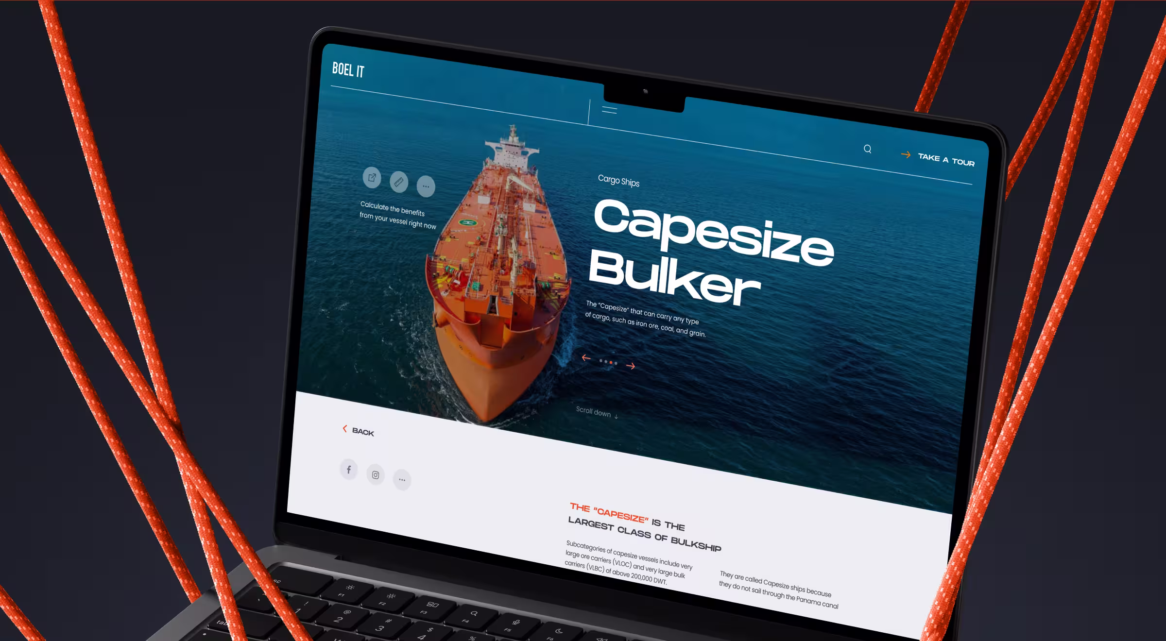 Close-up of a laptop screen displaying a maritime website about Capesize Bulkers, the largest class of bulk cargo ships. The site features a bold headline and an overhead image of a large orange cargo vessel sailing through open blue waters. The interface includes options like “Take a Tour,” interactive icons for vessel benefit calculations, and social media links at the bottom. Red ropes frame the scene around the laptop, adding a nautical visual theme against a dark background.