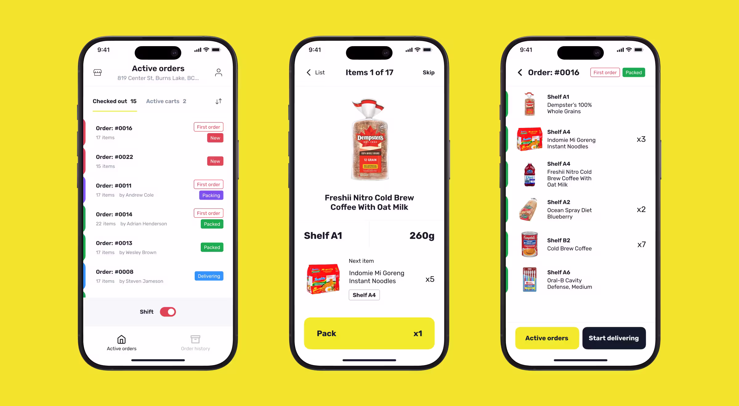 A user interface mockup displayed on three smartphones showcases a Ninja app with a bright yellow background. The left screen shows an "Active orders" list with order numbers, item counts, customer names, and color-coded status tags such as "New," "Packing," "Packed," and "Delivering." The center screen displays a step-by-step packing interface for an order, featuring a product image (Dempster's bread), item details like weight and shelf location, and a large yellow "Pack" button. The right screen shows the full list of items in Order #0016, including shelf locations, product names, quantities, and status tags at the top. The bottom navigation offers buttons for "Active orders" and "Start delivering." The UI is clean, modern, and optimized for quick decision-making.