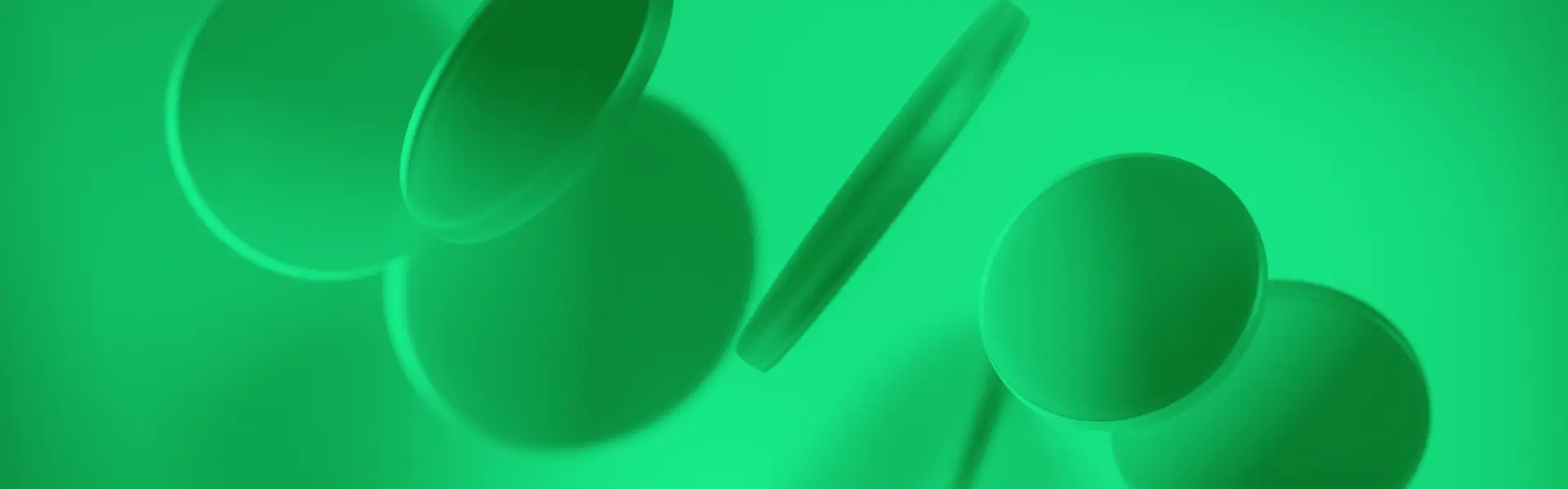 Abstract 3D rendering featuring translucent green circular discs floating against a vibrant green background, casting soft shadows to create a sense of depth and motion.