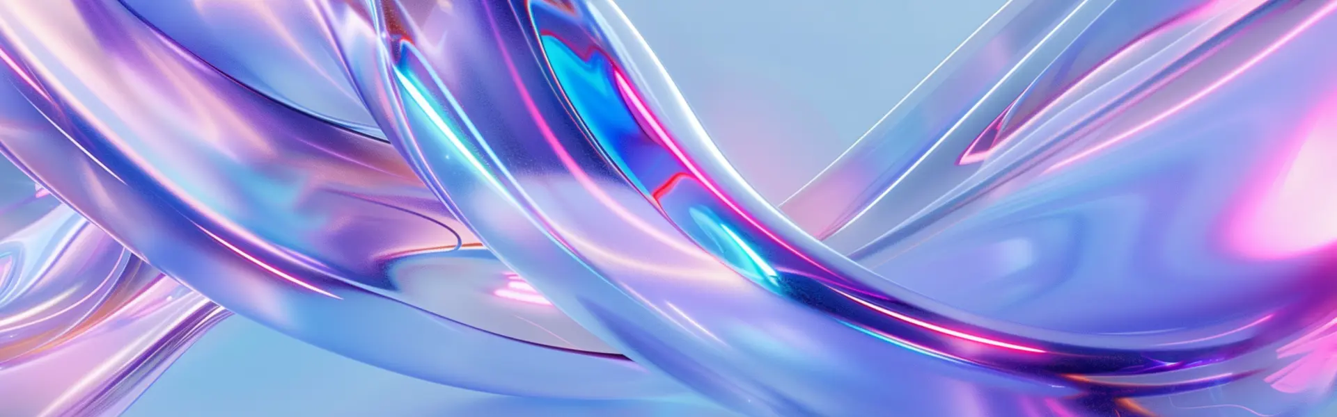 Abstract 3D render of smooth, flowing translucent ribbons in iridescent hues of purple, pink, and blue on a soft blue background. The glossy surfaces reflect vibrant neon lighting, creating a futuristic and fluid aesthetic.