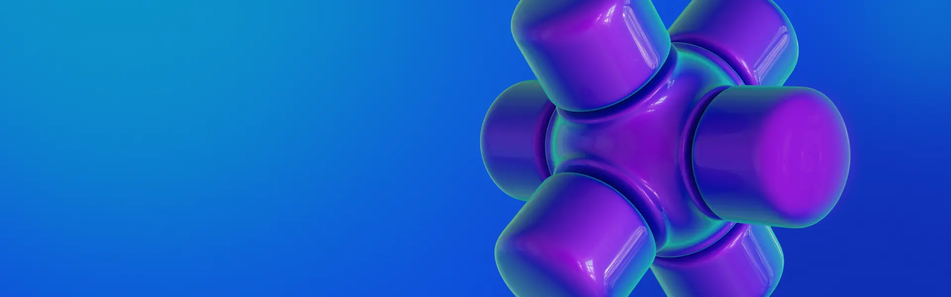 A 3D-rendered abstract object with a glossy, purple, and rounded geometric structure appears on the right side of the image, set against a smooth gradient background that transitions from light blue on the left to deep blue on the right. The design has a futuristic and digital aesthetic.