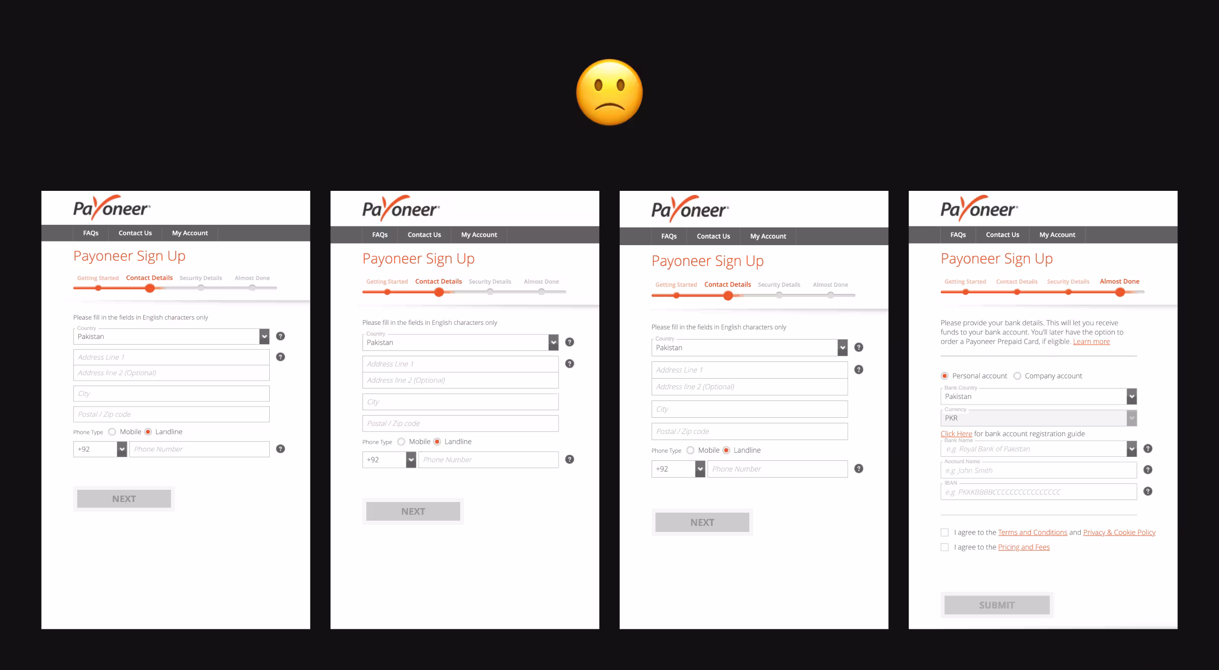 Four screenshots of the Payoneer sign-up process under the 'Contact Details' and 'Almost Done' steps, shown side by side beneath a frowning emoji. Each form contains multiple fields like country, address, phone type, and banking information. The design appears cluttered and repetitive, suggesting poor user experience in the signup flow.