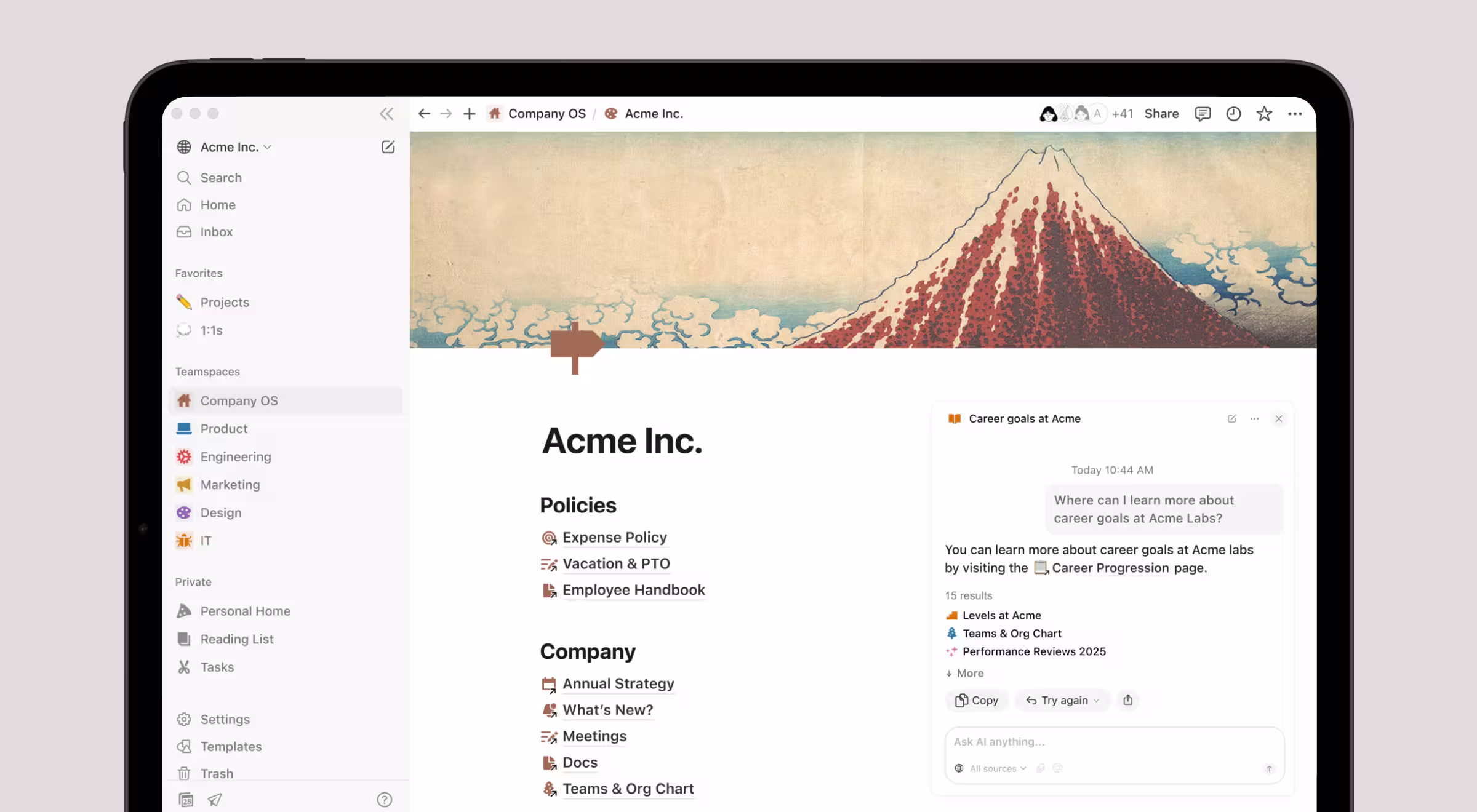 Screenshot of a Notion workspace for a company named Acme Inc., displayed on a tablet screen. The page includes sections for company policies, documents, and team organization, with a Japanese-style wave and mountain banner at the top. A sidebar shows navigation links for teams like Product, Engineering, and Design. On the right, an AI assistant answers a question about career goals with links to related pages.