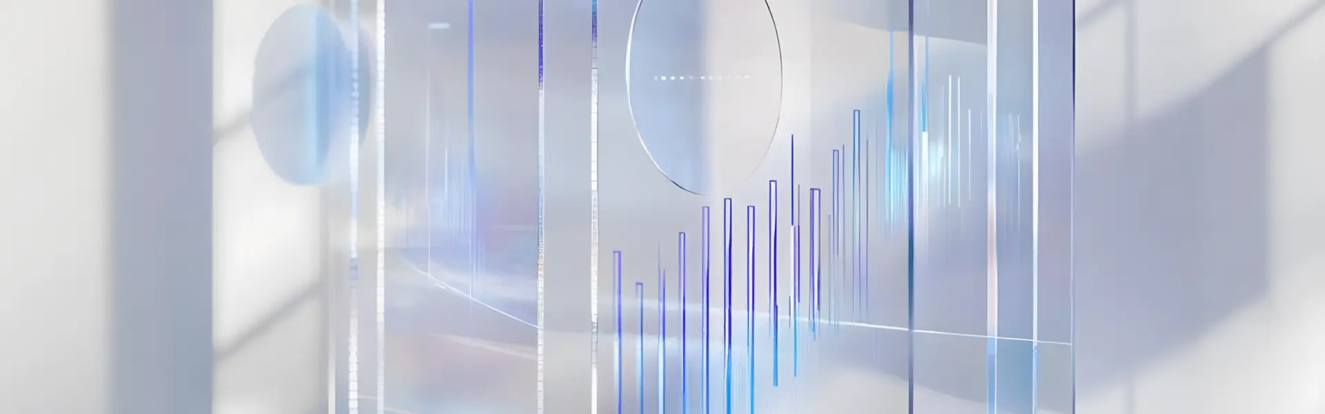 Abstract 3D render of translucent glass panels with vertical blue data bars and curved light reflections, evoking themes of AI, data visualization, and futuristic digital design.