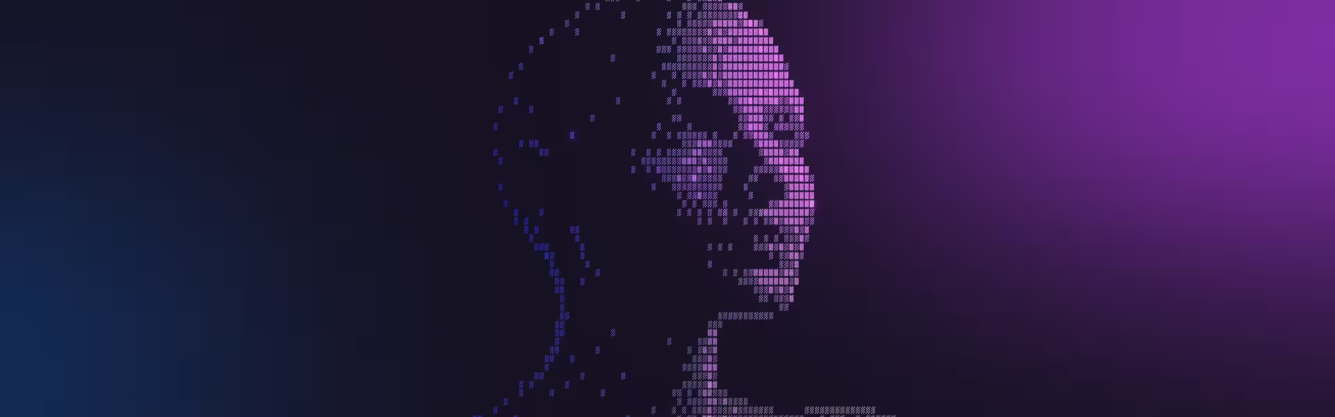 Digital art of a human face and upper torso created with glowing purple and blue pixel-like blocks on a dark gradient background, symbolizing artificial intelligence and data visualization.
