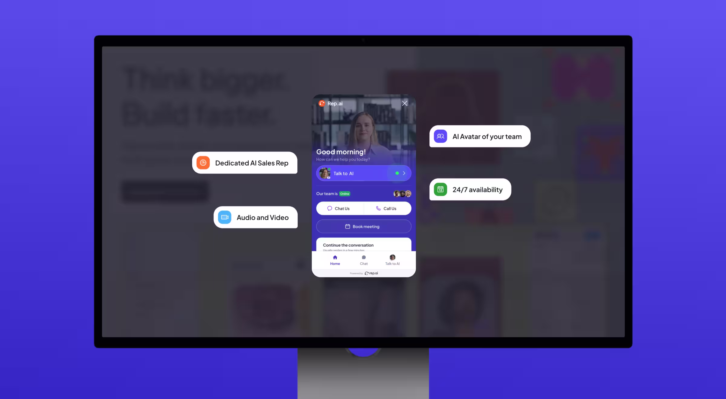 Computer screen displaying a virtual AI sales assistant interface with features such as video chat, messaging, meeting booking, and AI avatar interaction. Highlighted benefits include a dedicated AI sales rep, audio and video support, 24/7 availability, and integration as a team member avatar, set against a blurred website background with a gradient blue-purple backdrop.