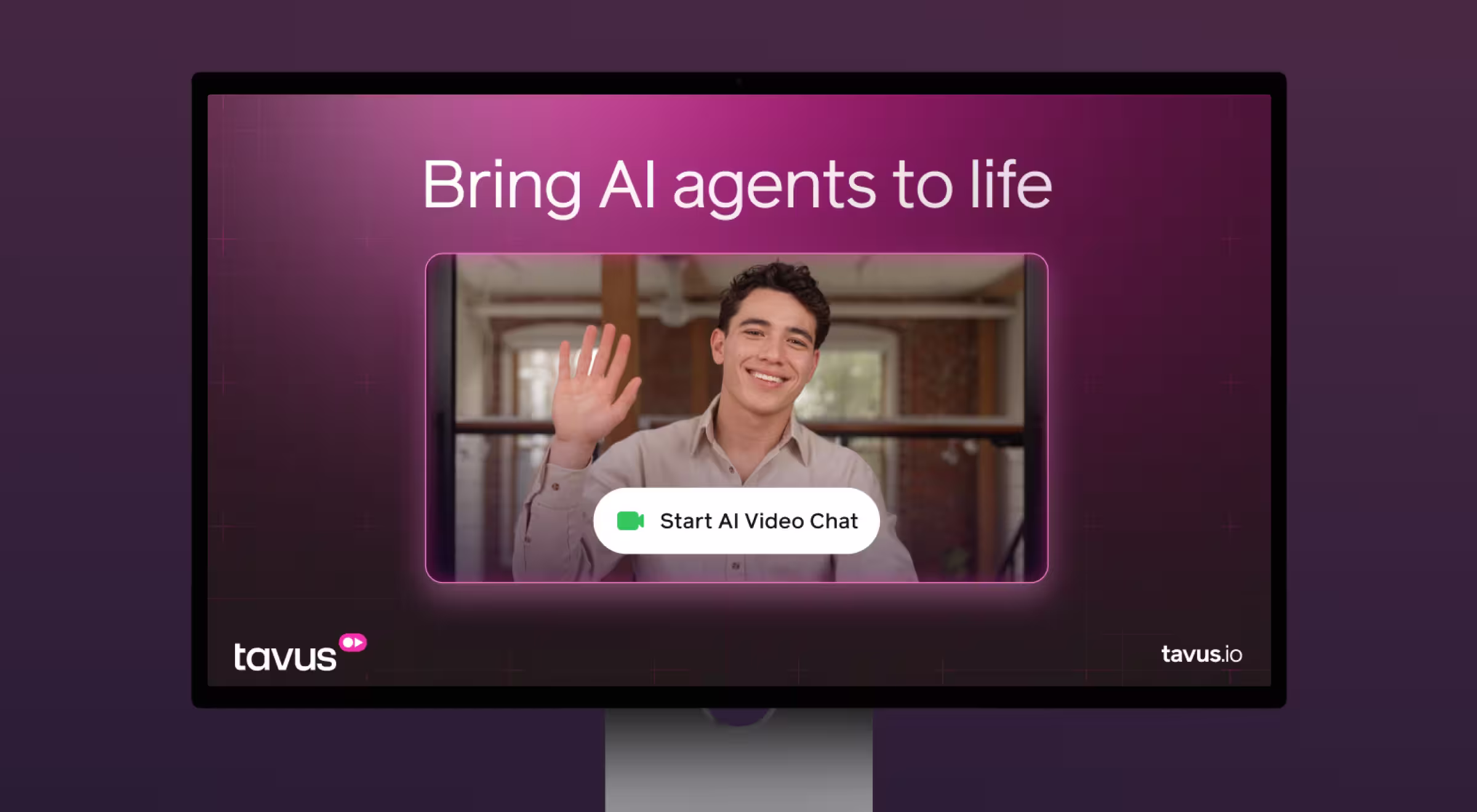 Computer screen showing a promotional image for Tavus.io with the headline 'Bring AI agents to life'. A smiling young man waves on video inside a highlighted chat window, with a button labeled 'Start AI Video Chat' below. The background features a purple gradient with grid lines.