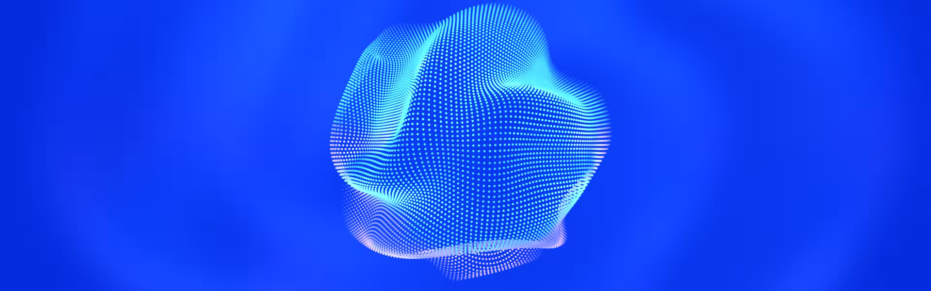 Abstract 3D digital shape made of glowing blue and cyan dots on a vibrant blue background, forming a fluid, wave-like structure.