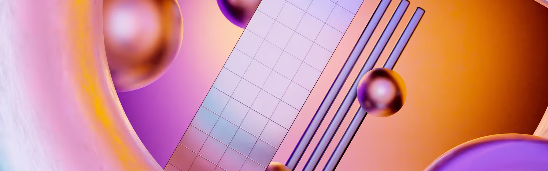Abstract 3D composition featuring metallic spheres, a curved textured surface, and a reflective grid plane, all in warm pink, orange, and purple hues.