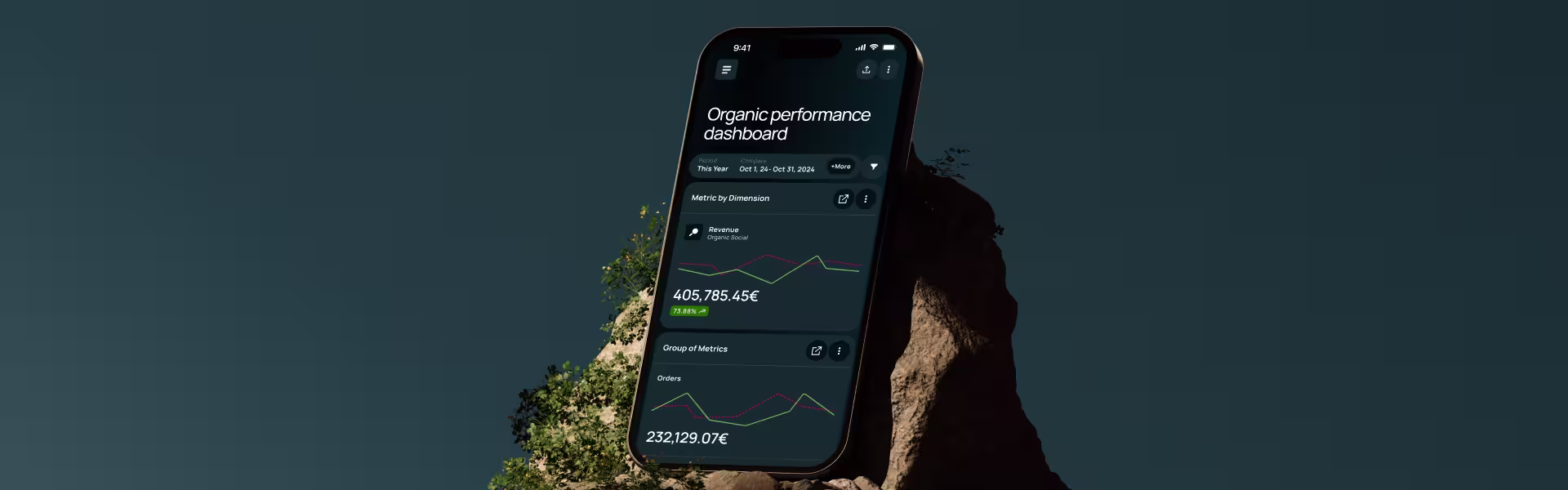 Smartphone displaying an 'Organic performance dashboard' app with revenue and orders metrics in euros, shown as line graphs, set against a rocky outdoor background.
