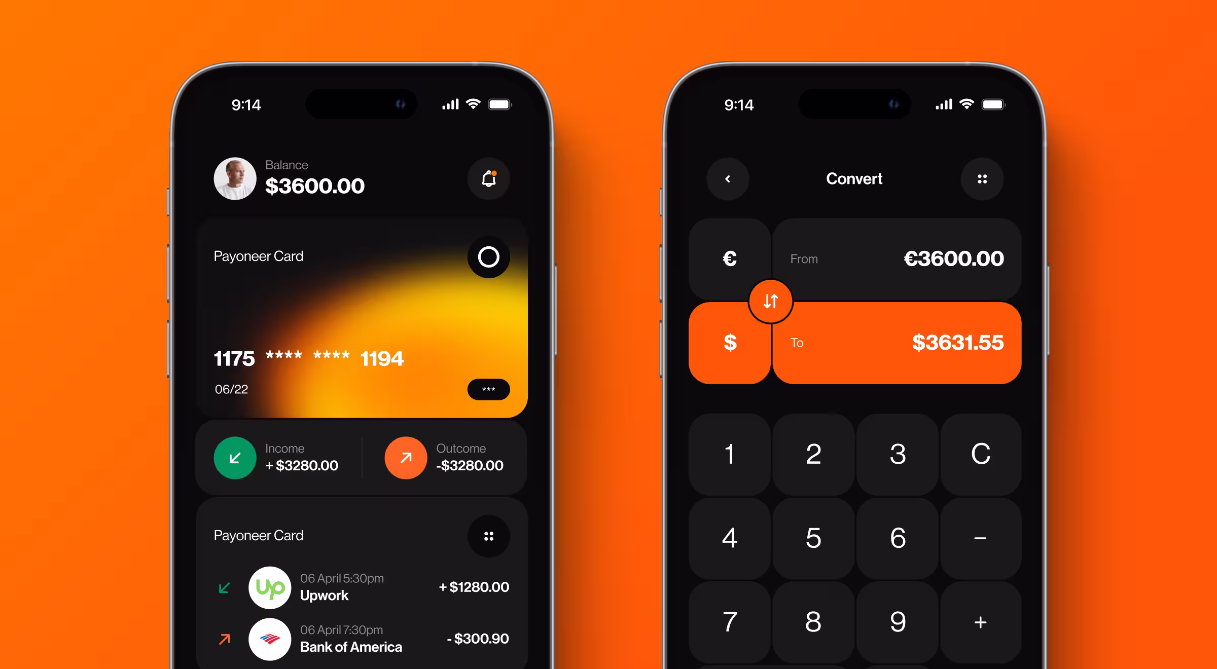 Two smartphones displaying a sleek black and orange finance app interface, showing a Payoneer card balance, recent transactions, income and expenses on the left screen, and a currency conversion calculator on the right screen.
