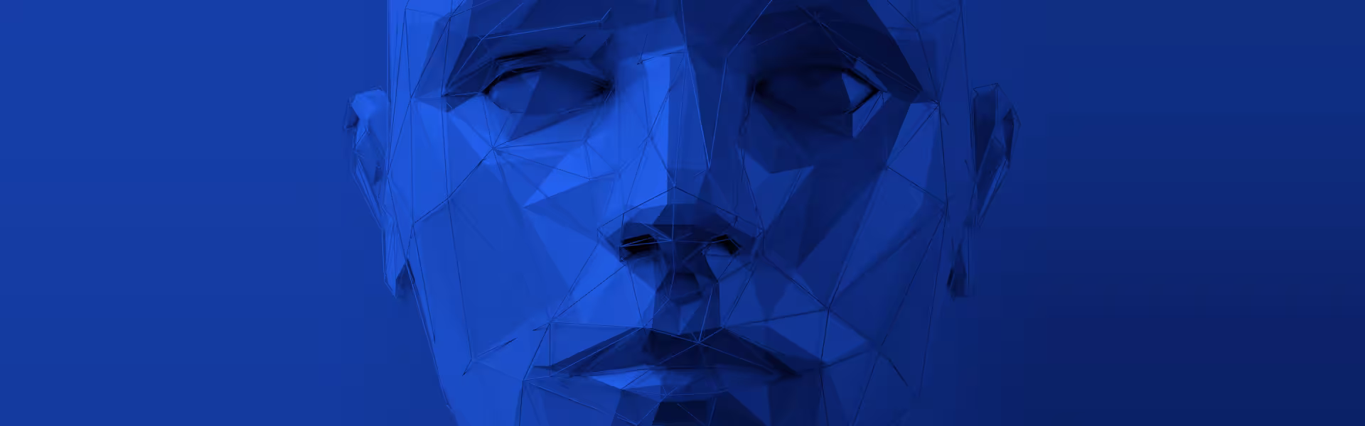 Abstract 3D-rendered human face in shades of blue, composed of interconnected geometric polygonal shapes, set against a solid blue background.