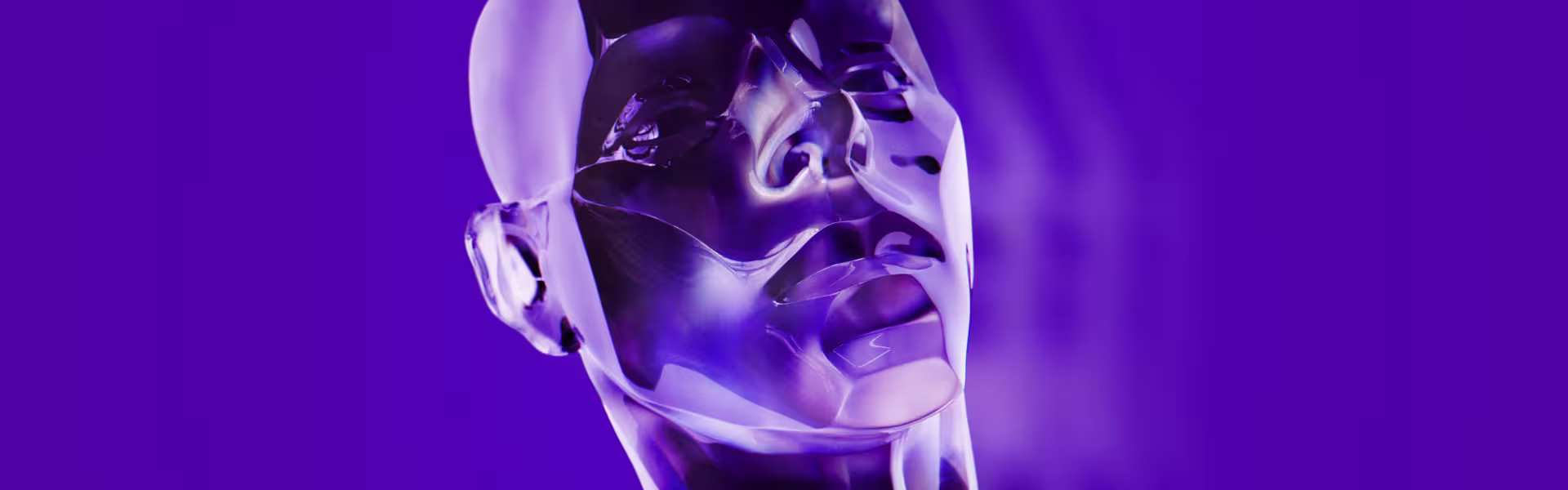 Abstract 3D-rendered metallic head sculpture with reflective purple and silver surfaces, set against a solid purple background, creating a futuristic and artistic aesthetic.