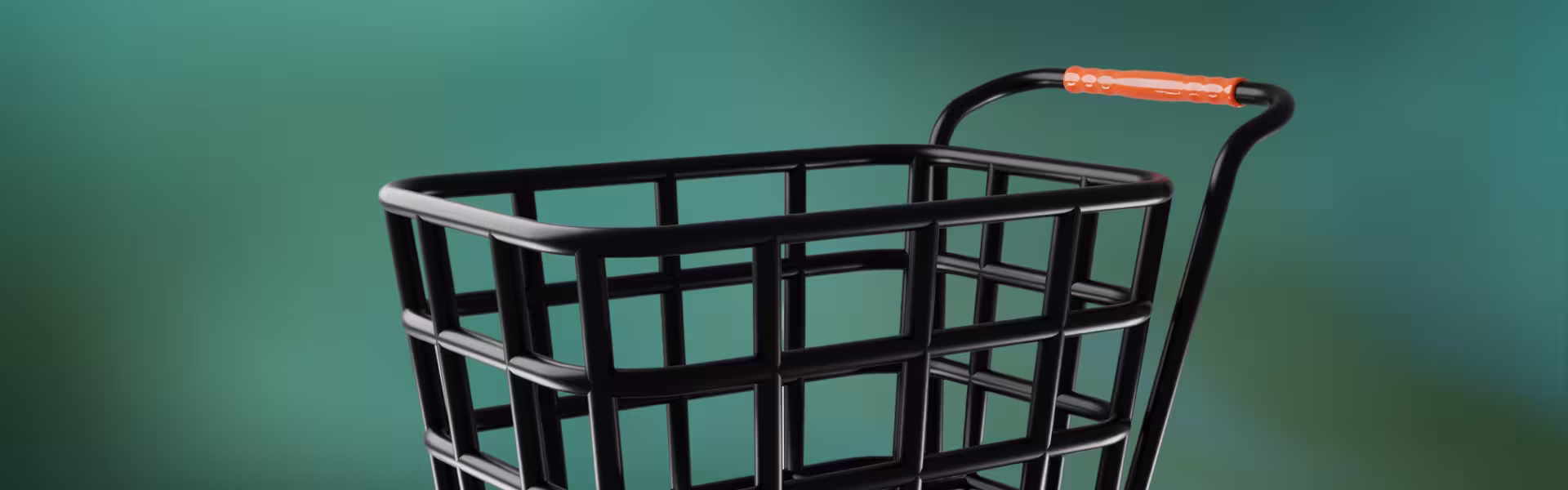 3D-rendered black shopping cart with an orange handle, set against a smooth green gradient background.