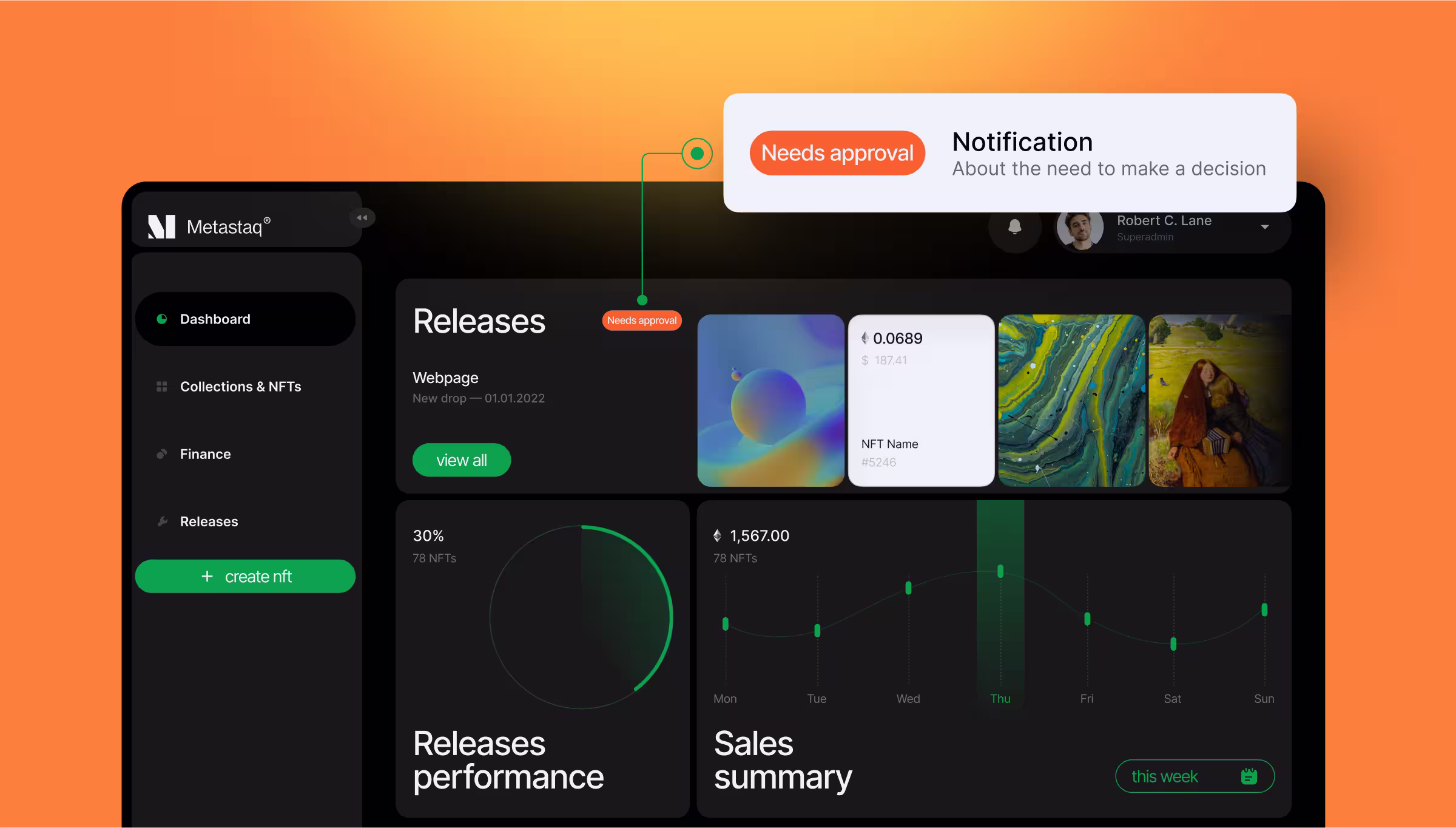 Metastaq dashboard displaying a visual status icon indicating 'Needs approval