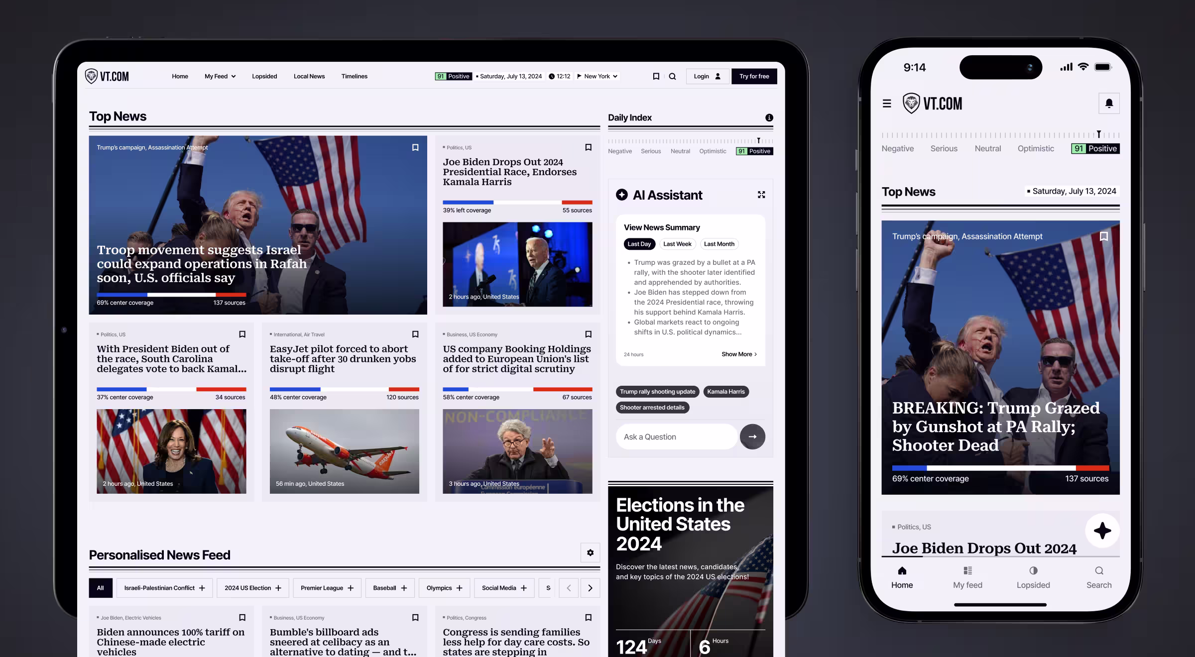 Screenshot of VT.com news platform displayed on a tablet and smartphone. The tablet shows the "Top News" section with headlines about Israel's troop movement, Joe Biden dropping out of the 2024 race, and U.S. companies under scrutiny. It also features an AI Assistant panel summarizing news. The smartphone displays the same platform with a breaking headline: "Trump Grazed by Gunshot at PA Rally; Shooter Dead," alongside other election-related updates. Both interfaces highlight a clean, modern layout optimized for multiple devices.