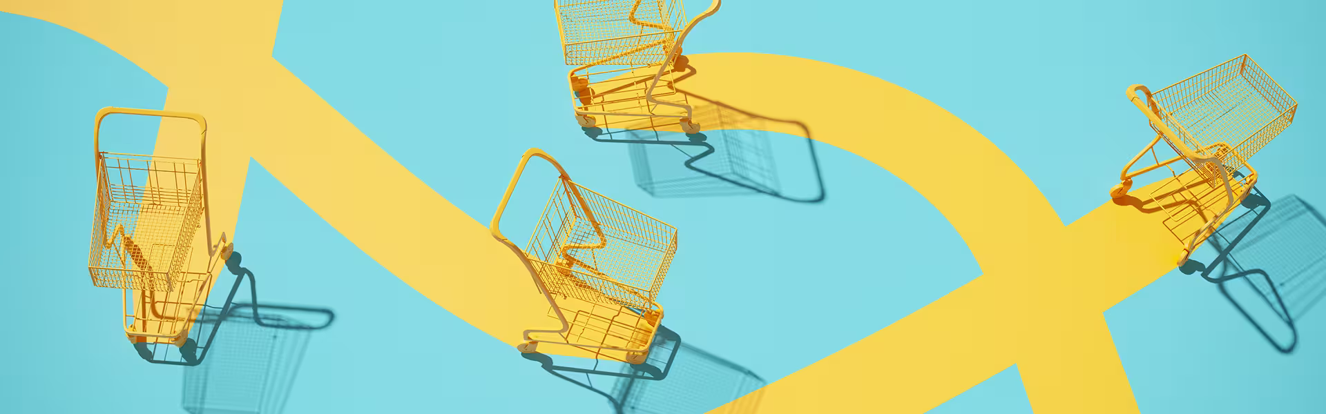 Four bright yellow shopping carts positioned on a turquoise background with bold yellow curved paths, casting sharp shadows, creating a playful and abstract retail-inspired composition.