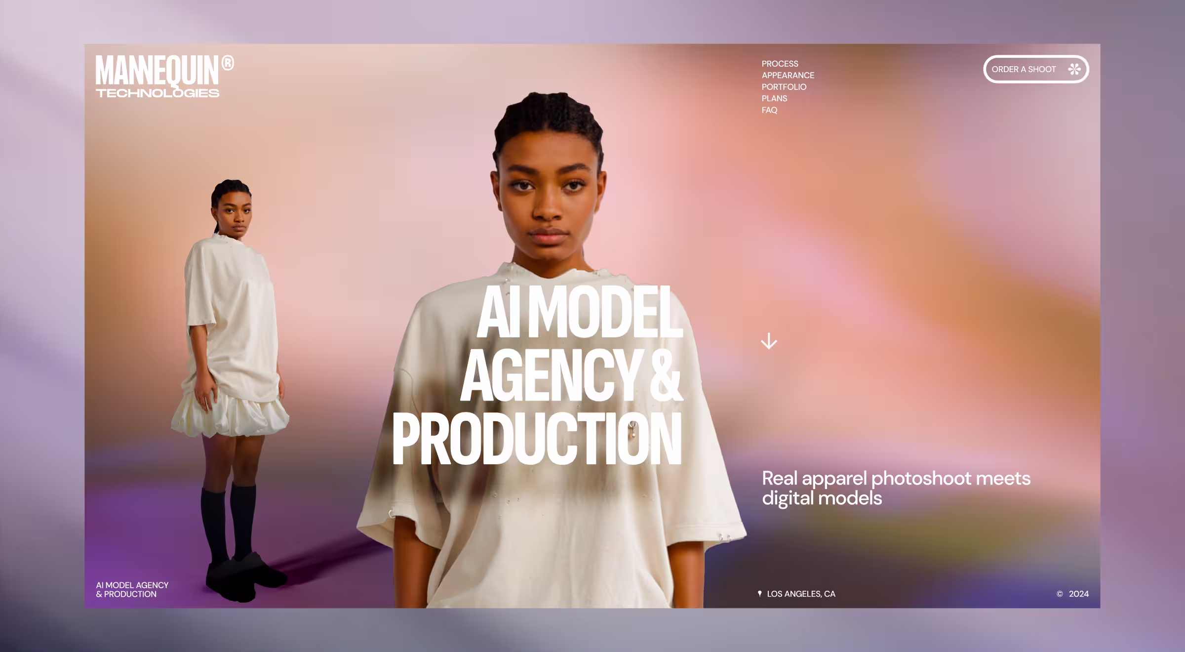 Website interface for Mannequin Technologies, showcasing an AI model agency and production service. The design features a digital model in a white oversized outfit against a soft gradient background, with bold text reading “AI Model Agency & Production – Real apparel photoshoot meets digital models.” Navigation links (Process, Appearance, Portfolio, Plans, FAQ) and a call-to-action button “Order a Shoot” appear in the top right corner.