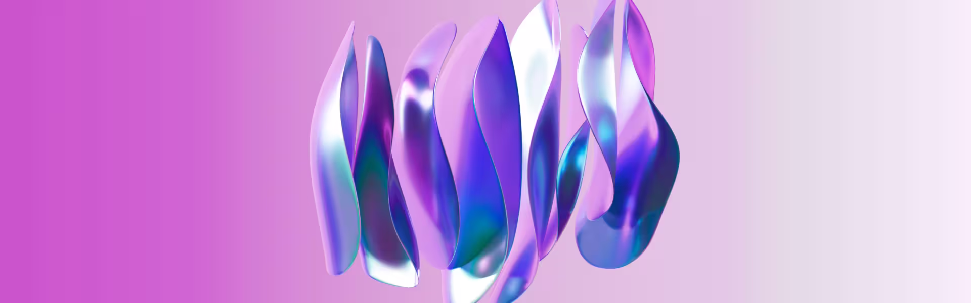 Abstract 3D artwork featuring vertical, ribbon-like metallic shapes in purple, blue, and white tones, set against a gradient pink background.