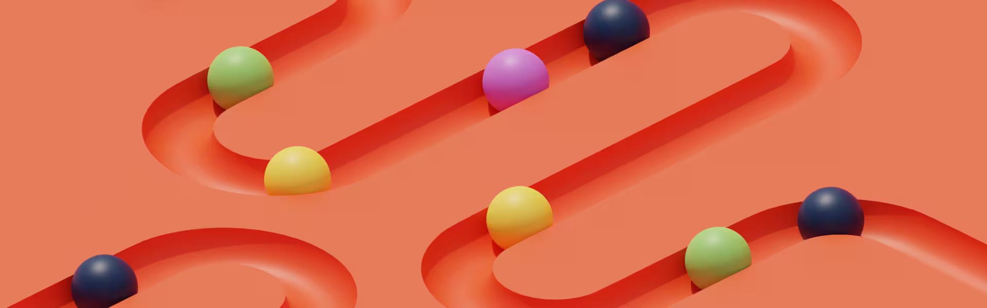 Colorful 3D spheres in curved orange grooves on abstract background.