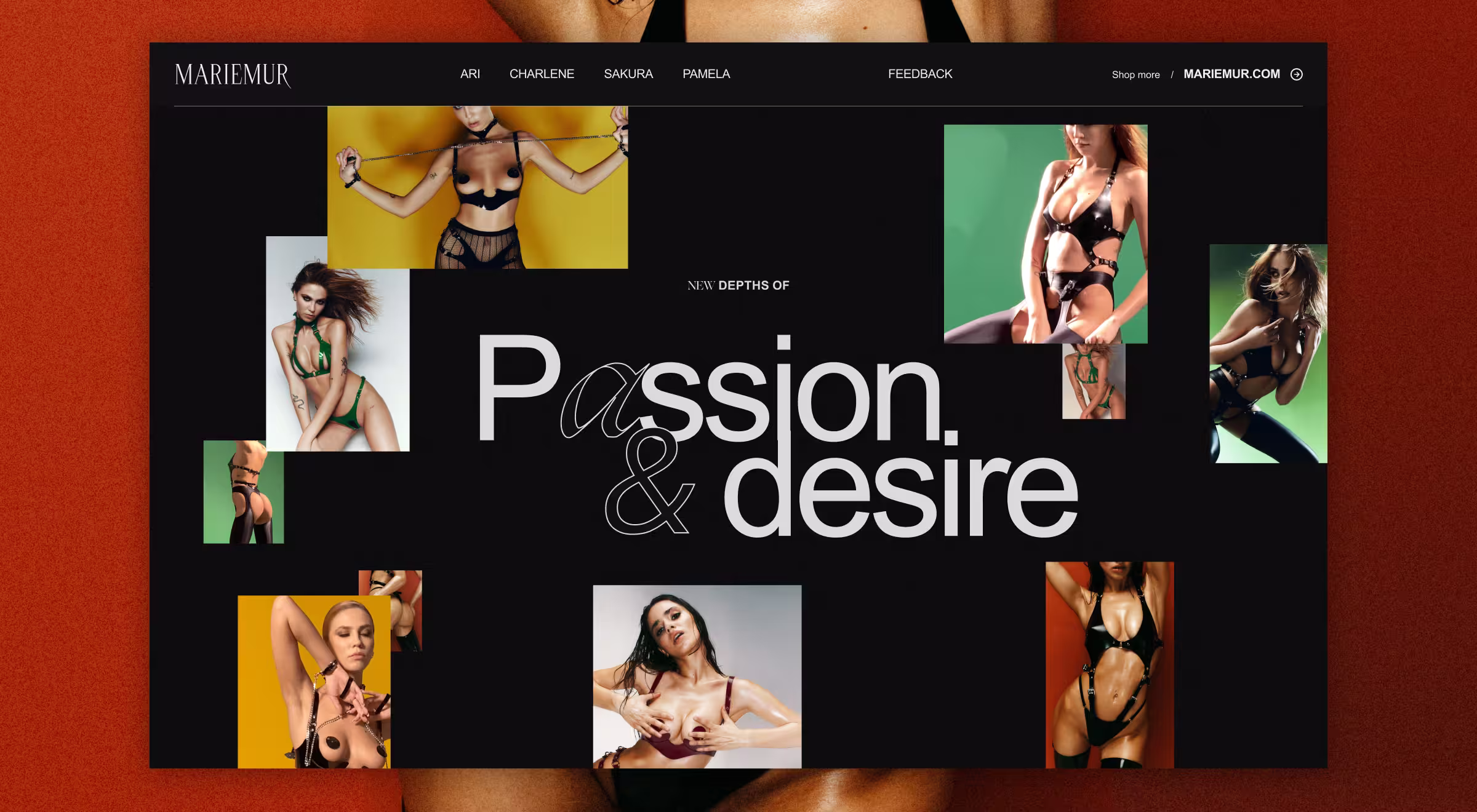 Website homepage for Mariemur lingerie featuring bold text 'Passion & desire' with model images in harness designs.