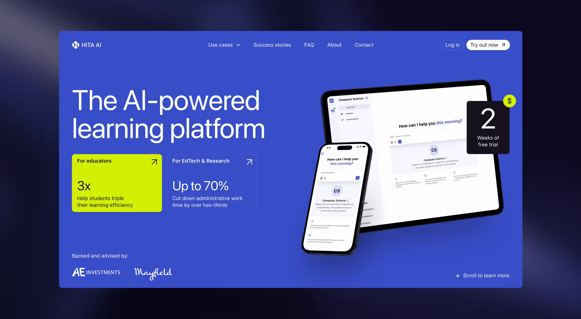 Homepage of HiTA AI showing AI-powered learning platform with tablet and phone interface preview.