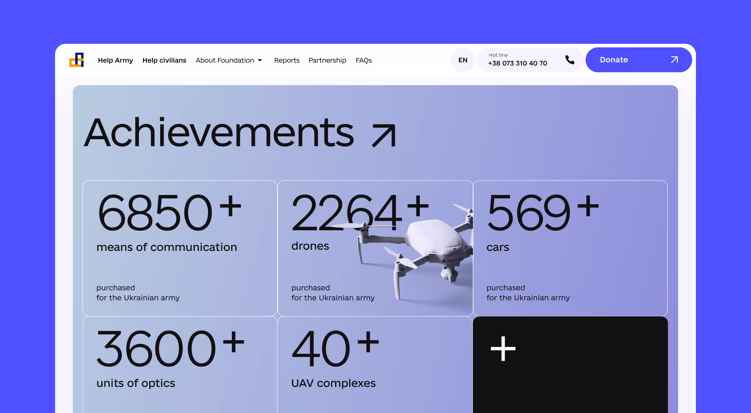 Achievements page showing over 6850 communication devices, 2264 drones, 569 cars, and 3600 optics for Ukrainian army.