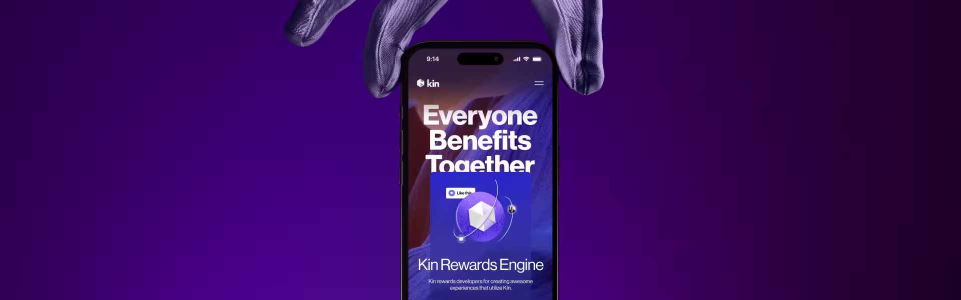 Smartphone displaying Kin Rewards Engine app with text 'Everyone Benefits Together' on purple background.