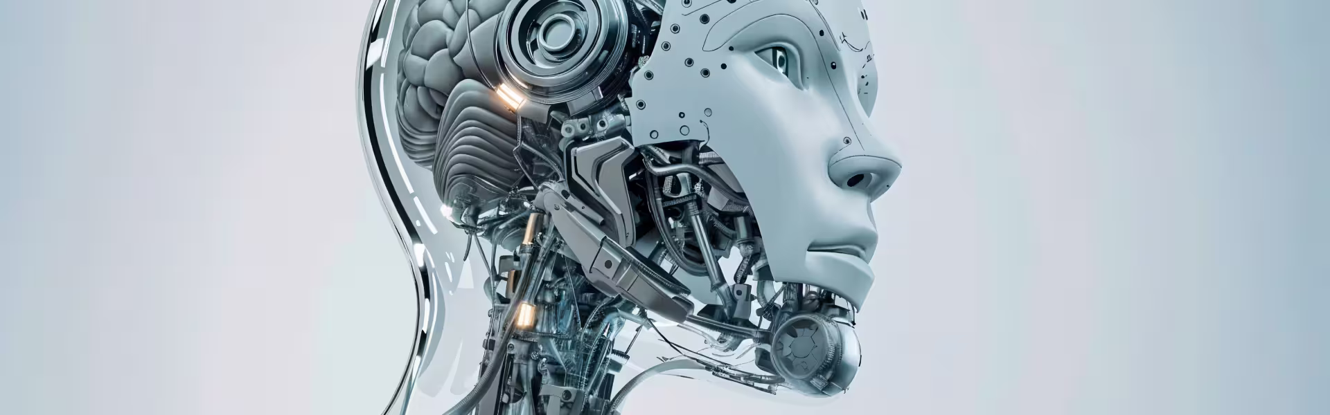 Futuristic humanoid robot head with exposed mechanical parts and artificial brain