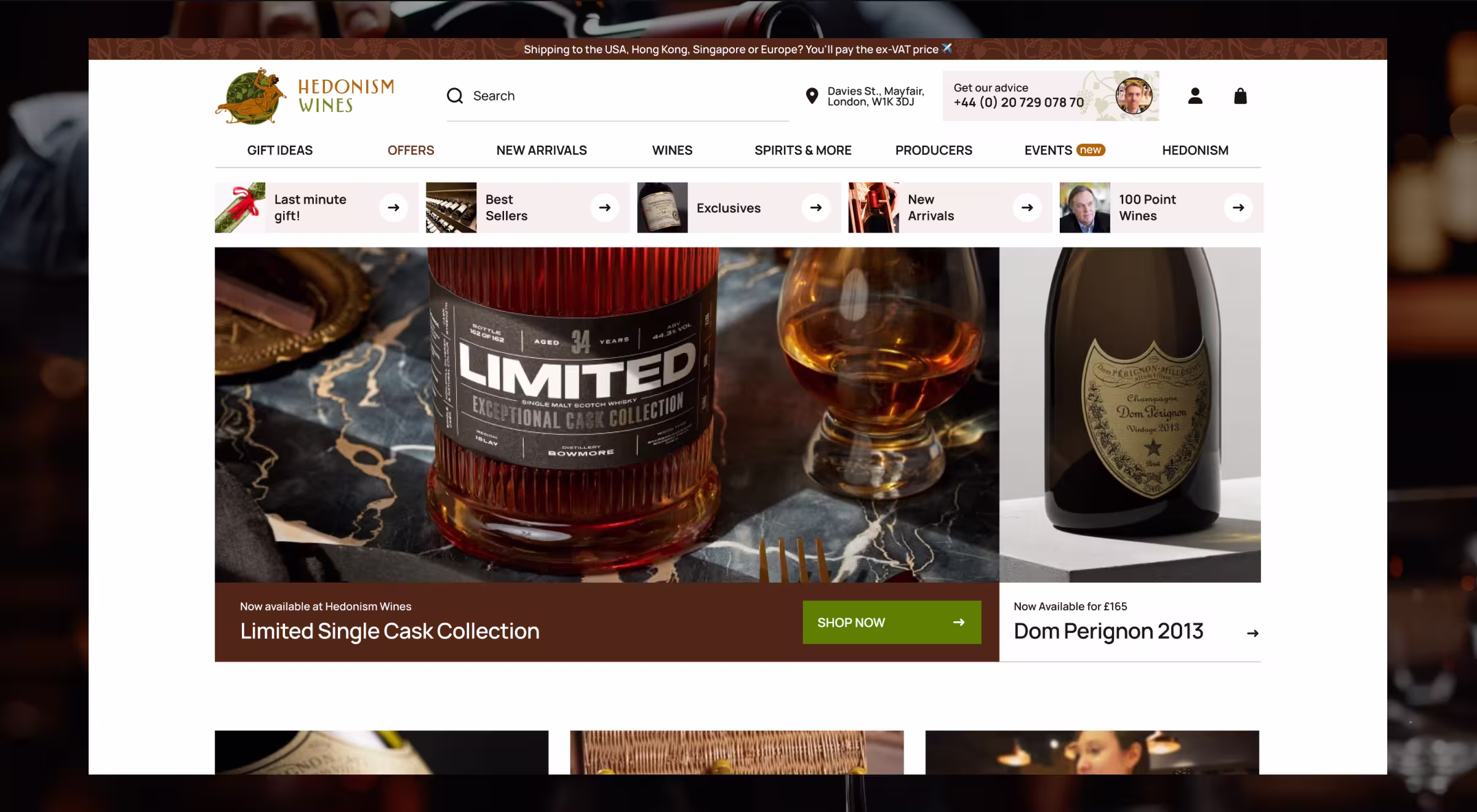 Hedonism Wines website homepage showcasing Limited Single Cask Collection and Dom Perignon 2013