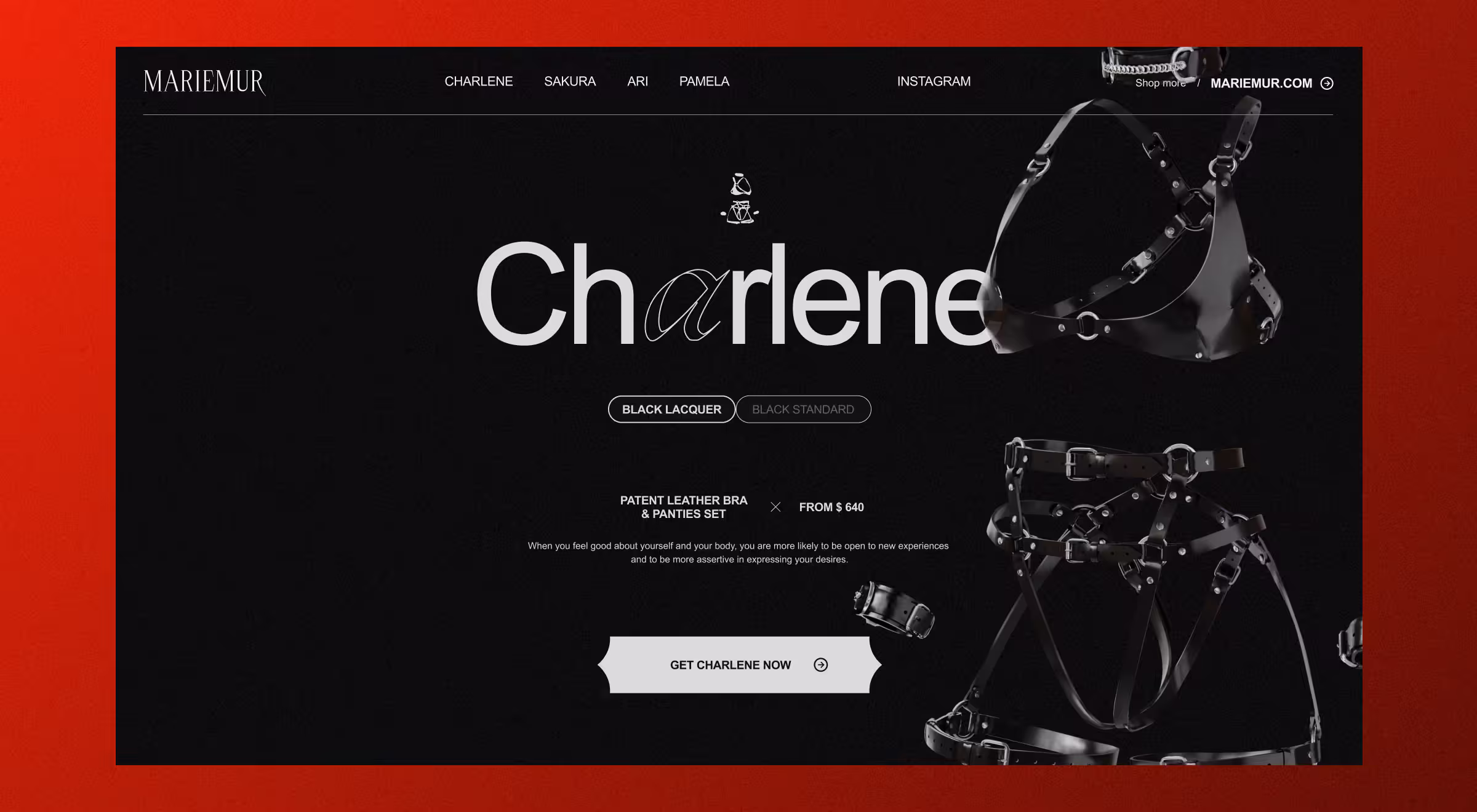Mariemur product page showcasing Charlene patent leather bra and panties set in black lacquer