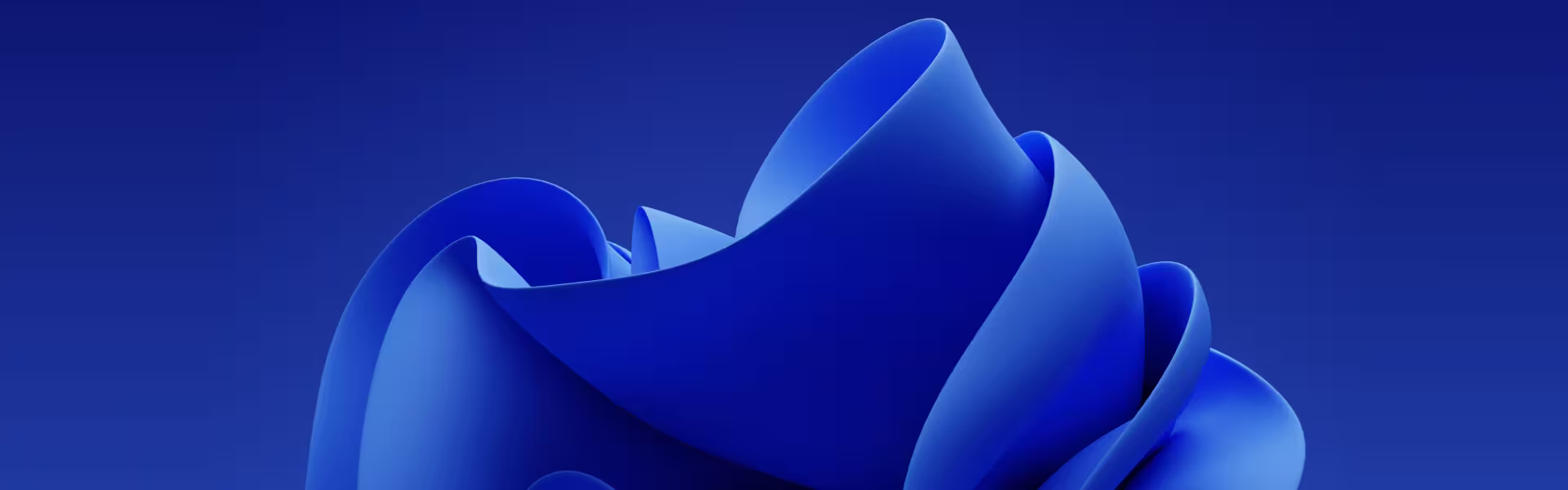 Abstract 3D blue ribbon-like shapes forming smooth curves and folds on a dark blue gradient background