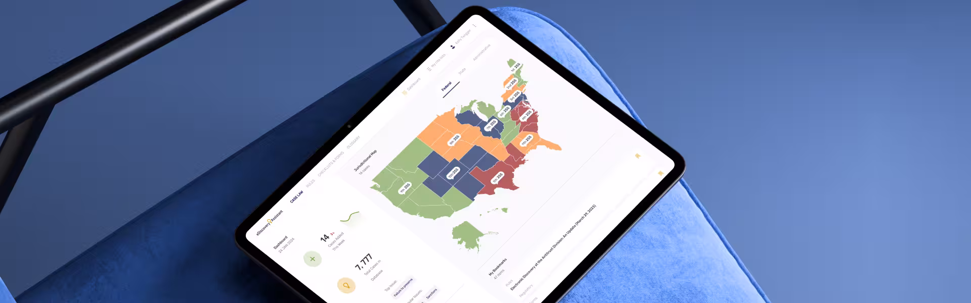 Tablet displaying a US map dashboard with color-coded states and data insights, showing statistics and metrics for case management or geographic analysis