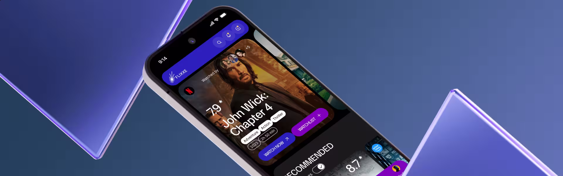 Mobile streaming app interface on smartphone showing 'John Wick: Chapter 4' movie details with rating, genre tags, watchlist option, and personalized recommendations, set against a modern purple and blue background