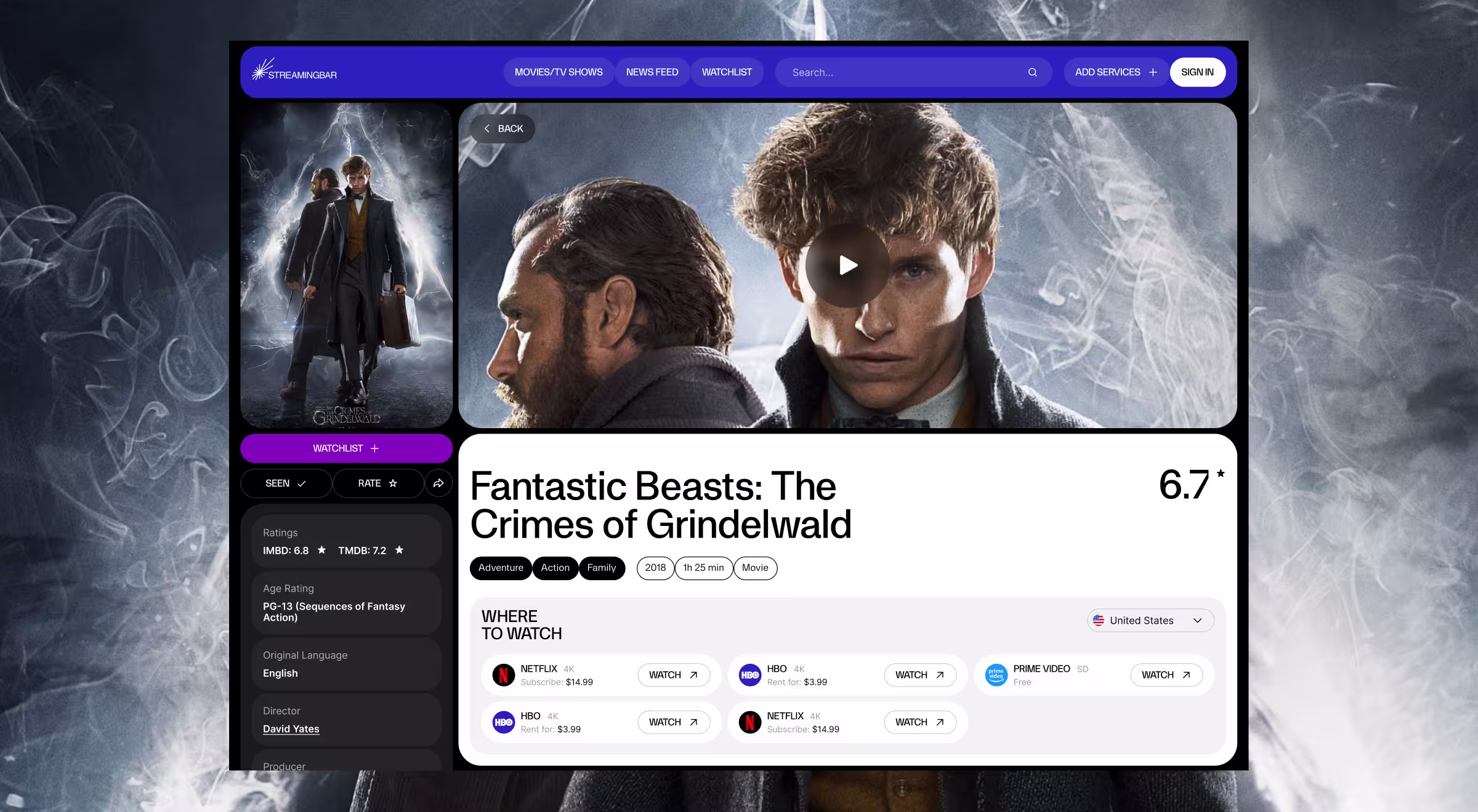 Streaming platform interface displaying 'Fantastic Beasts: The Crimes of Grindelwald' movie page with poster, ratings, director info, and multiple watch options on Netflix, HBO, and Prime Video