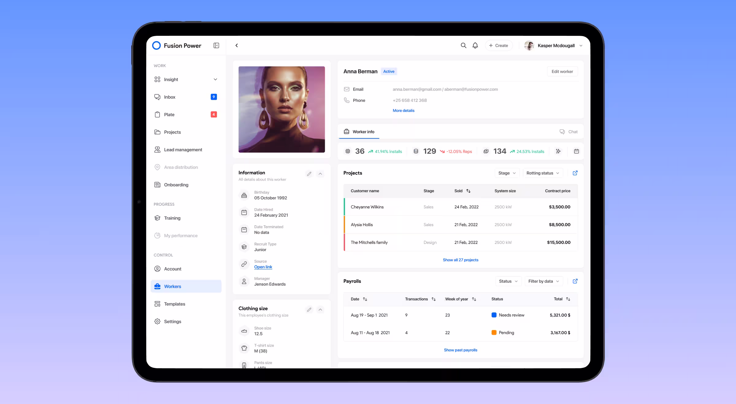 Tablet screen showing employee dashboard for Fusion Power with profile details, worker stats, project list, and payroll data in a clean UI design