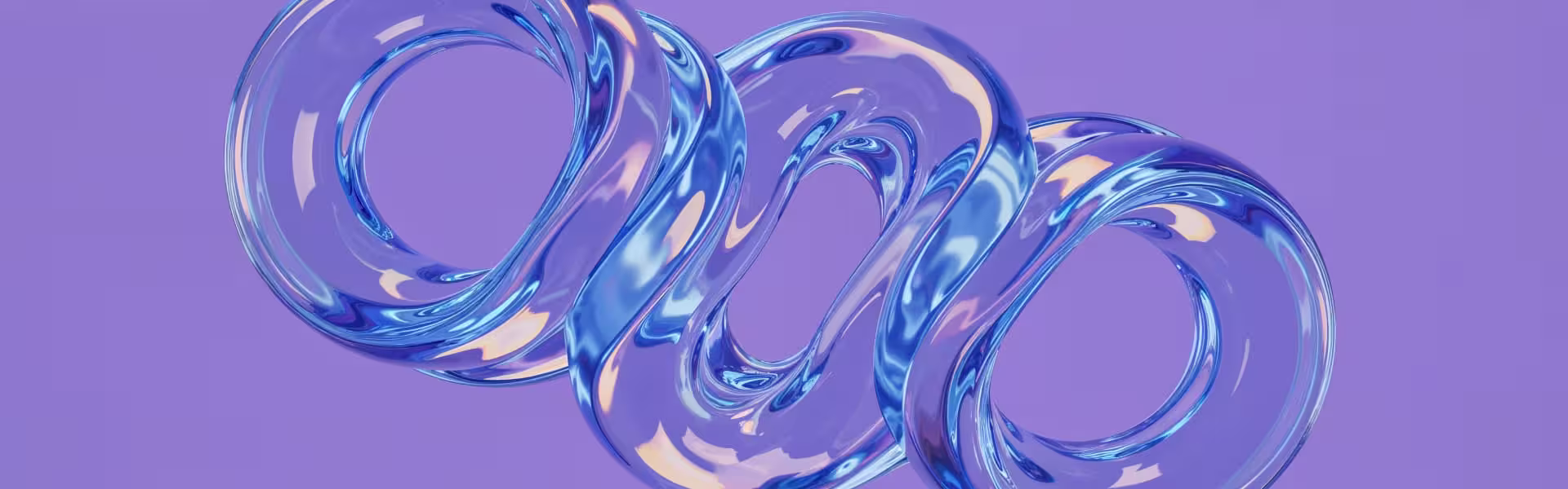 Abstract 3D design of interconnected transparent glass-like rings with reflective blue and pink highlights, set against a solid purple background