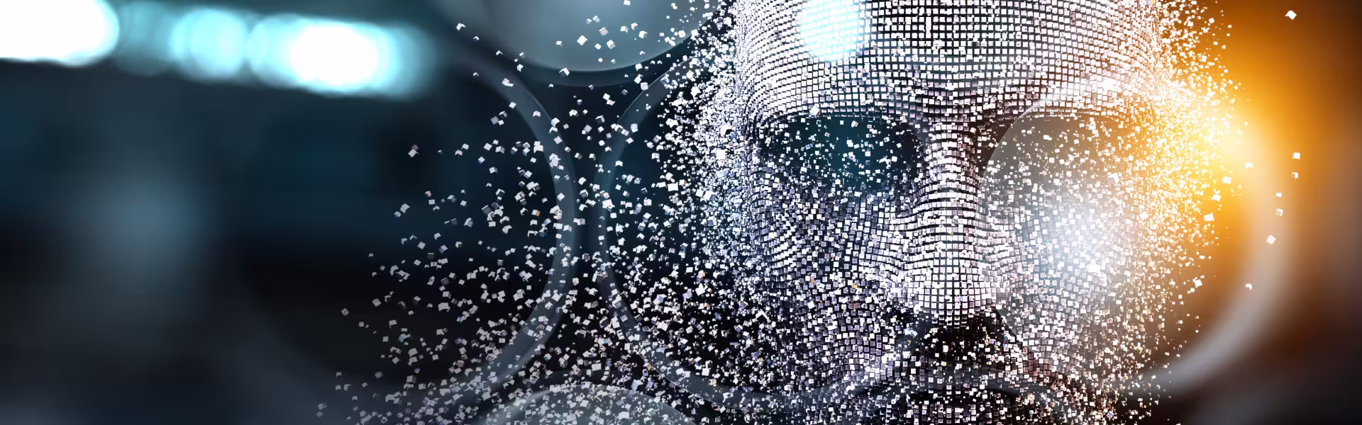 Abstract digital human face composed of small glowing cubes disintegrating into particles, symbolizing AI, big data, and digital transformation against a dark futuristic background