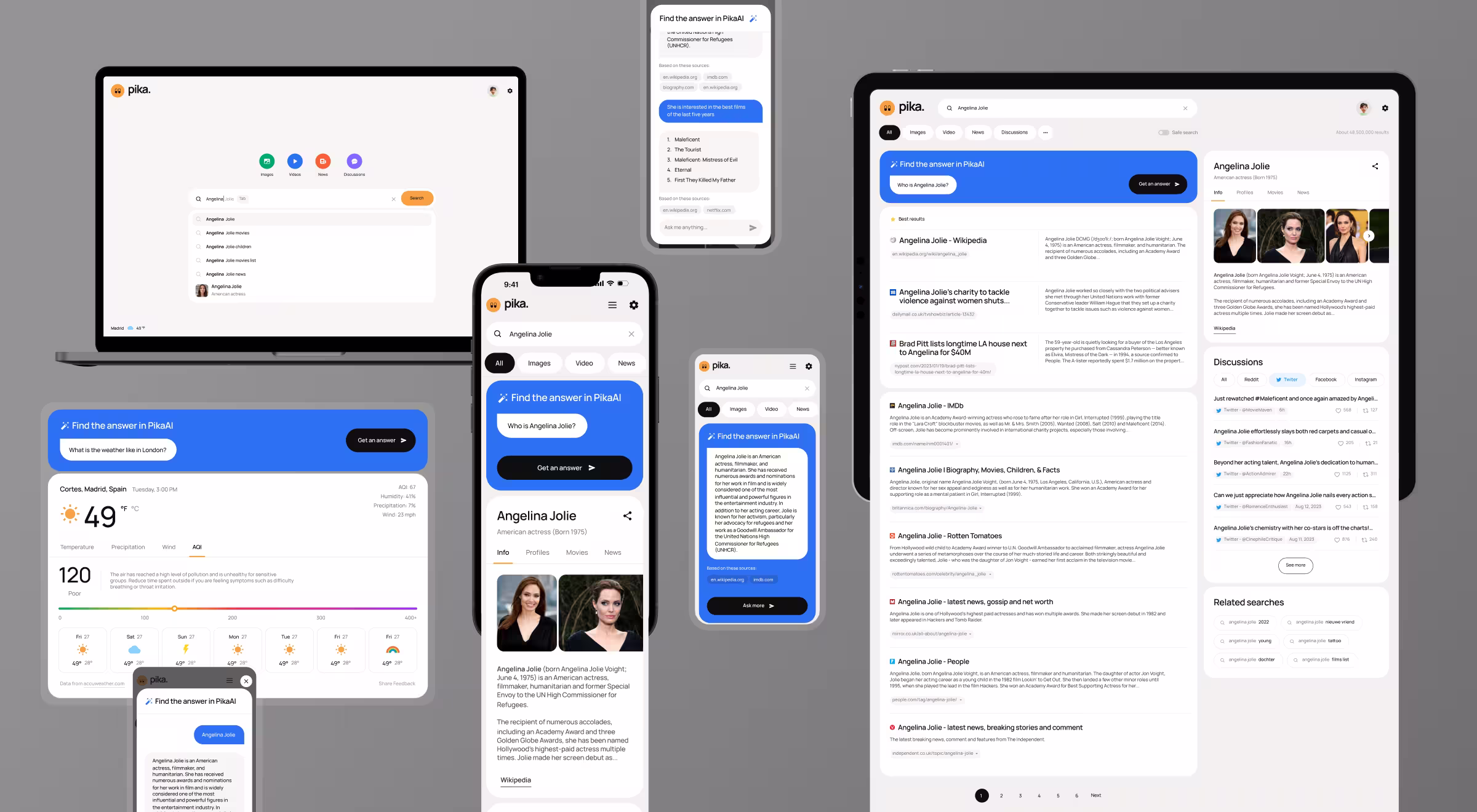 Multi-device mockup of PikaAI search engine interface displayed on laptop, tablet, and smartphones. The screens show search results for 'Angelina Jolie,' weather updates, and knowledge panels, highlighting PikaAI’s cross-platform responsive design