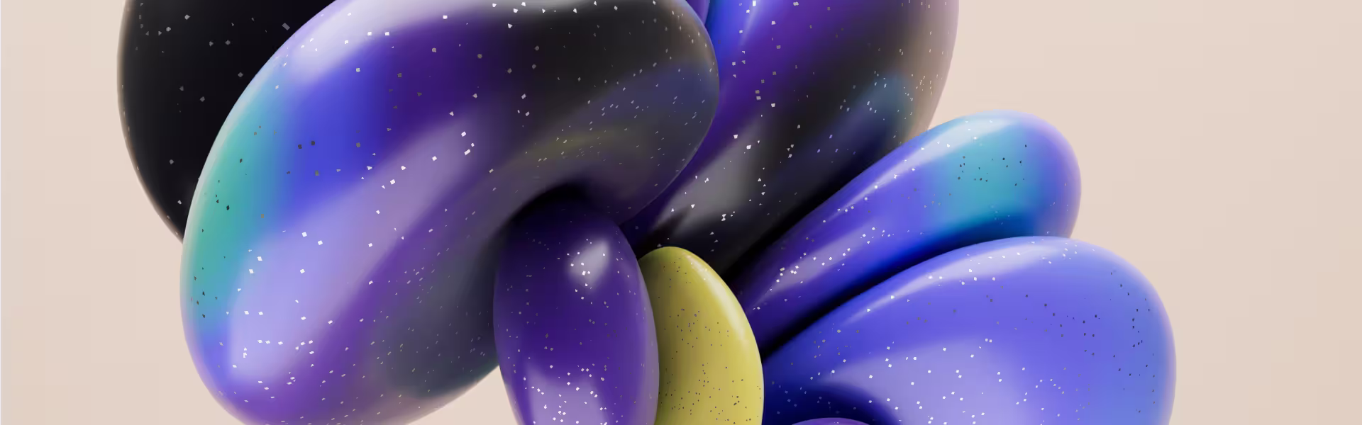 Abstract 3D composition of glossy, organic balloon-like shapes in shades of purple, blue, black, and yellow, with scattered speckled highlights, set against a soft beige background