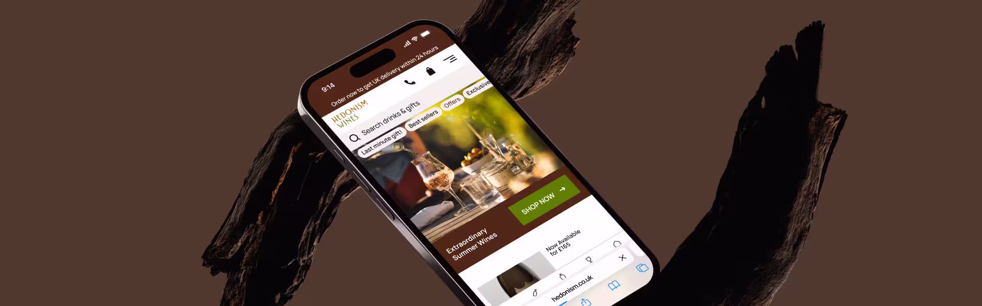 Mobile view of Hedonism Wines ecommerce website, showcasing online wine shop with UK delivery and summer wine offers