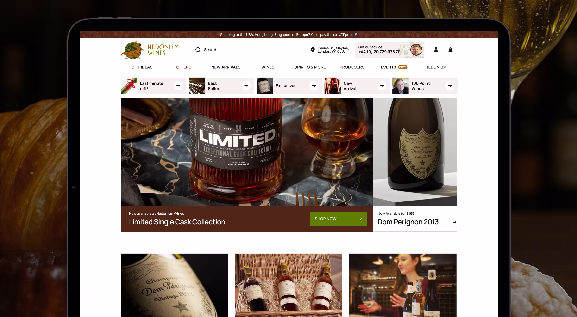 Hedonism Wines ecommerce website desktop view showcasing luxury whiskey and champagne collections including Limited Single Cask and Dom Perignon