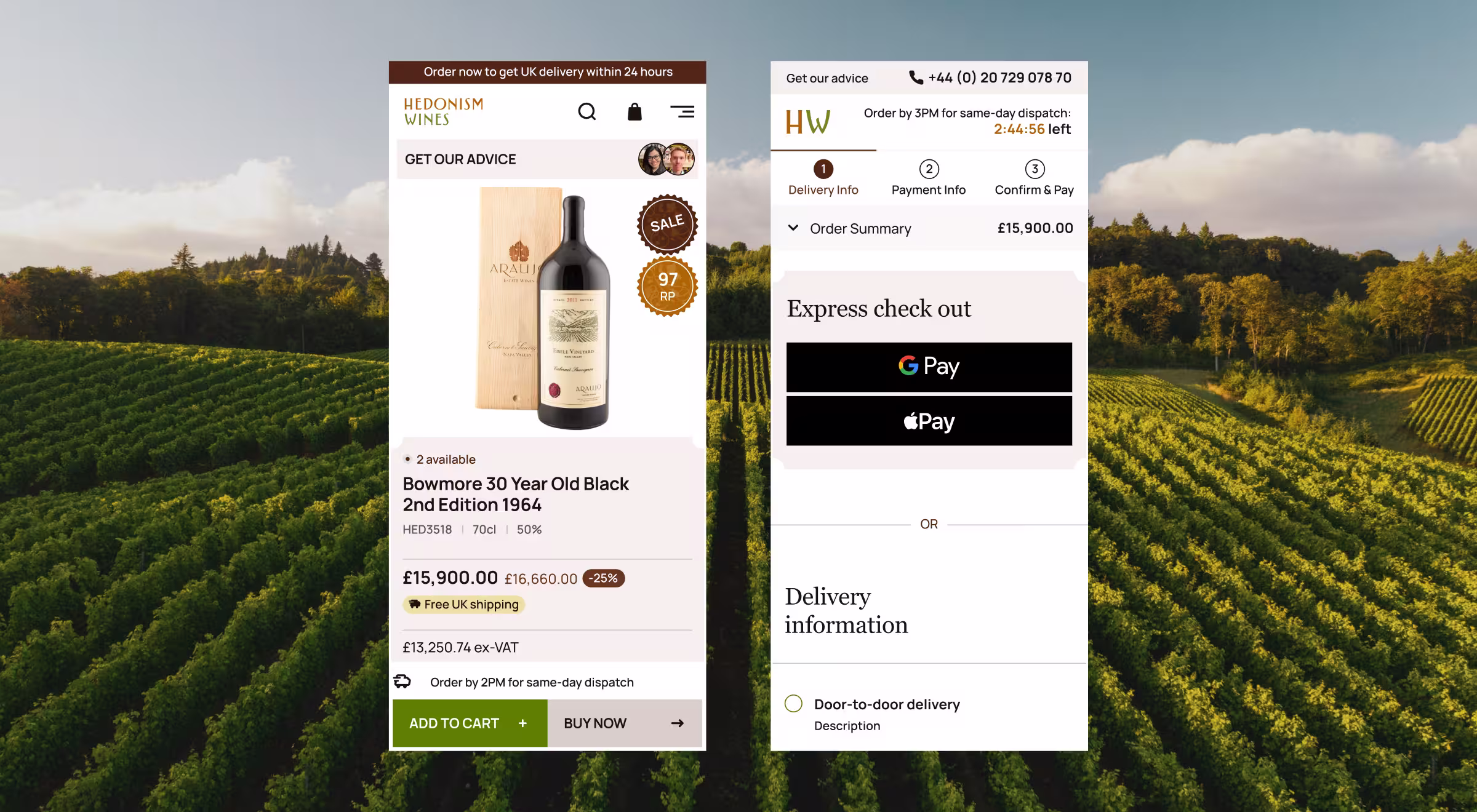 Hedonism Wines online checkout page displaying Bowmore 30 Year Old Black 1964 edition whiskey priced at £15,900 with express payment options