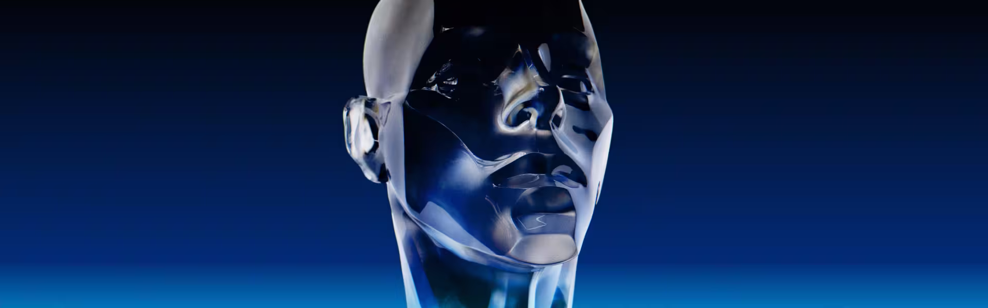 Futuristic 3D-rendered glass head sculpture on dark blue gradient background, symbolizing AI, digital design, and innovation