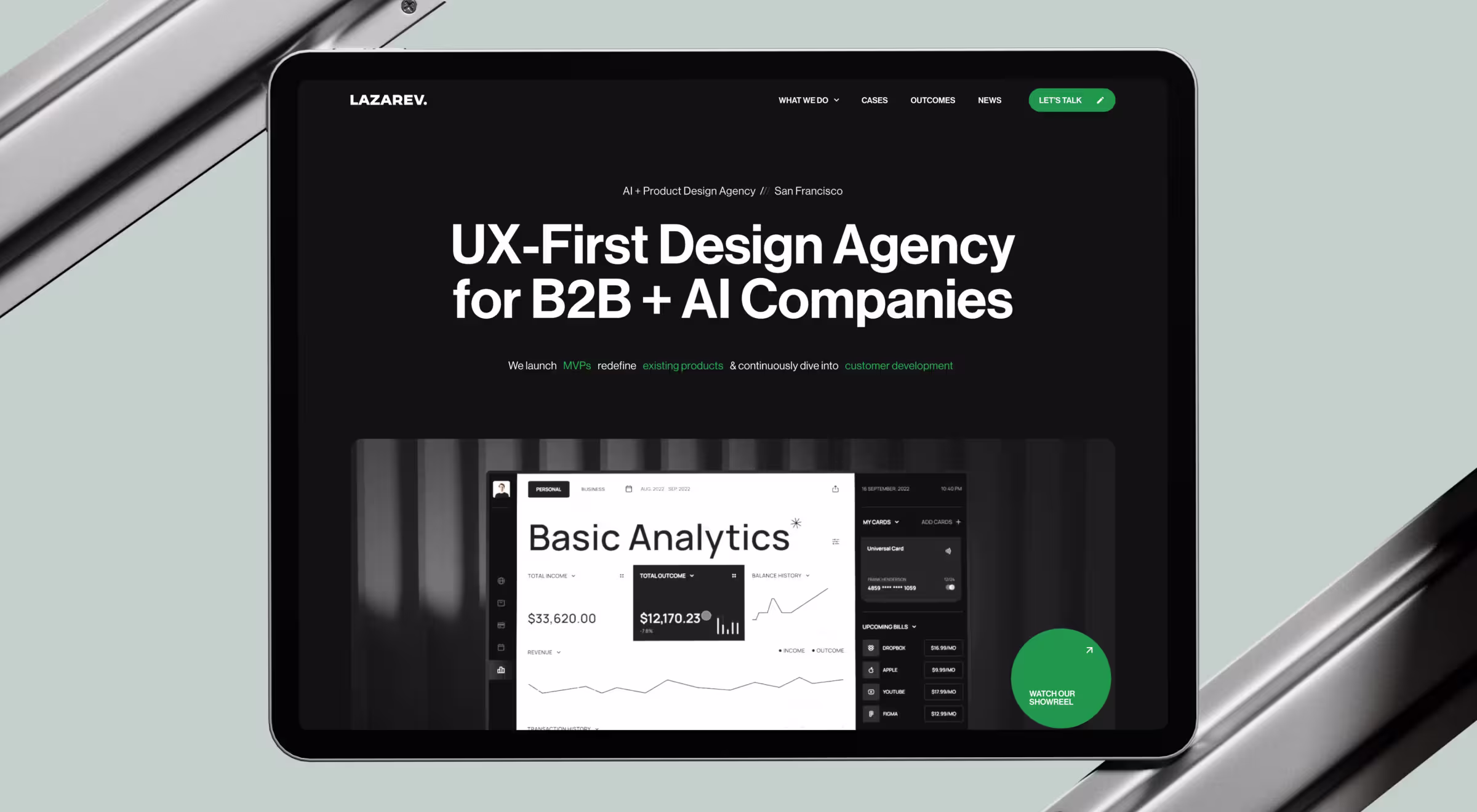 Tablet screen displaying Lazarev.agency website, a UX-first design agency for B2B and AI companies, highlighting product design and analytics interface