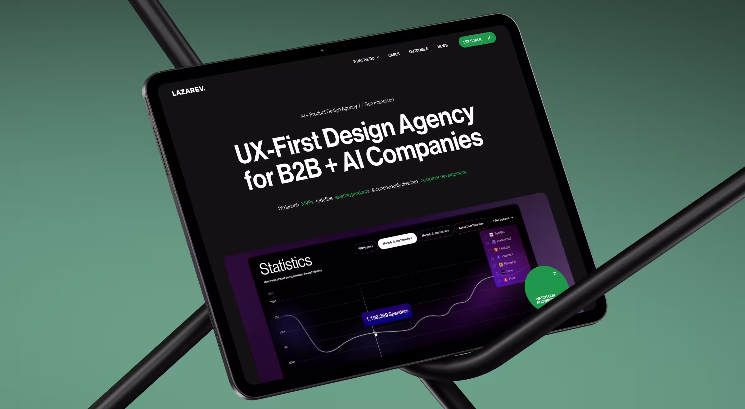 Tablet view of Lazarev.agency website, a UX-first design agency for B2B and AI companies, featuring data visualization dashboard and product analytics interface