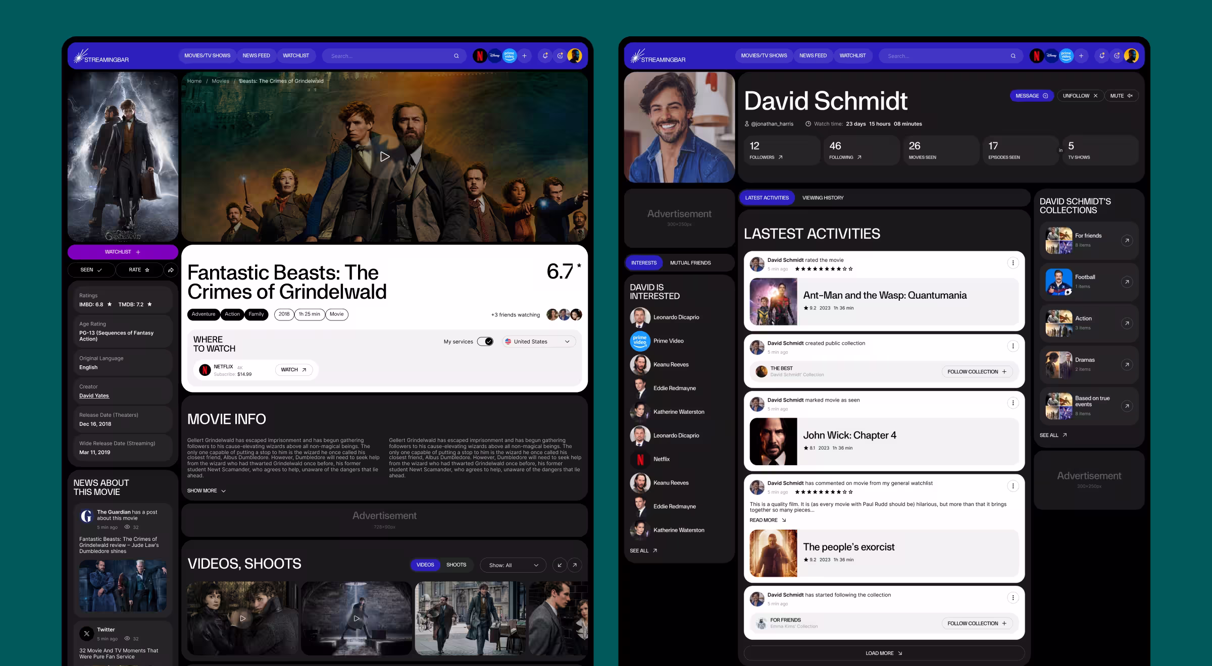 Streaming platform UI mockup showing movie detail page for Fantastic Beasts: The Crimes of Grindelwald and user profile activity feed with ratings, collections, and watch history