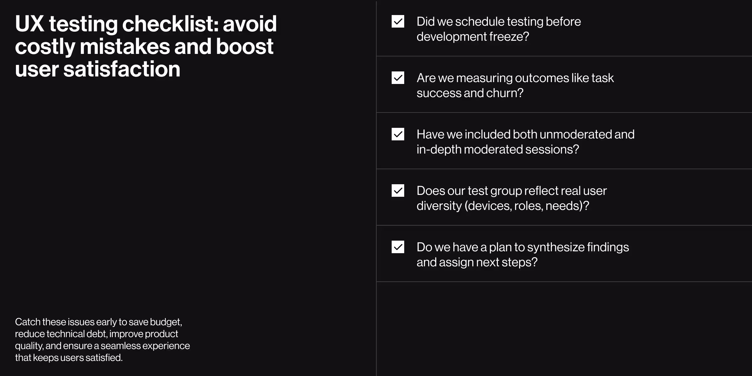 UX testing checklist infographic with five key questions to improve product quality, reduce technical debt, and boost user satisfaction