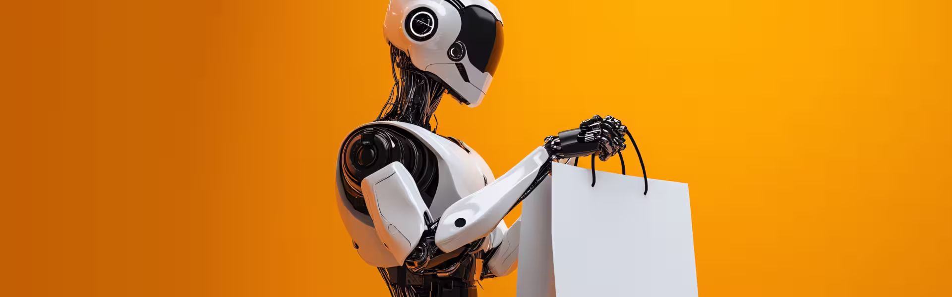 Futuristic humanoid robot holding a shopping bag on bright orange background, symbolizing AI in ecommerce and retail innovation